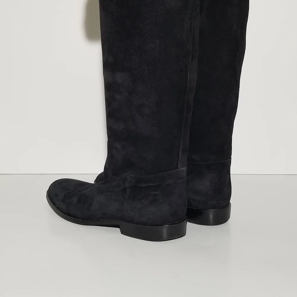 CHANEL Vintage Black Suede Leather & Signature Chain Tall Riding Boots 35